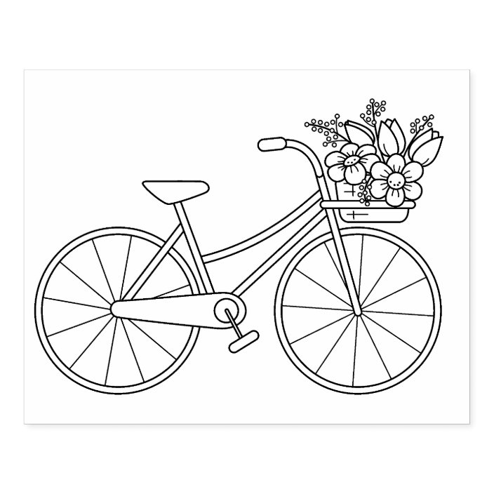 Bicycle with Flower Basket Coloring Page Rubber Stamp | Zazzle.com