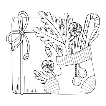 Premium Vector | Christmas sock vector coloring page festive gift boxes  lollipops spruce branches hand drawn line art winter illustration happy  holiday coloring book for children and adults