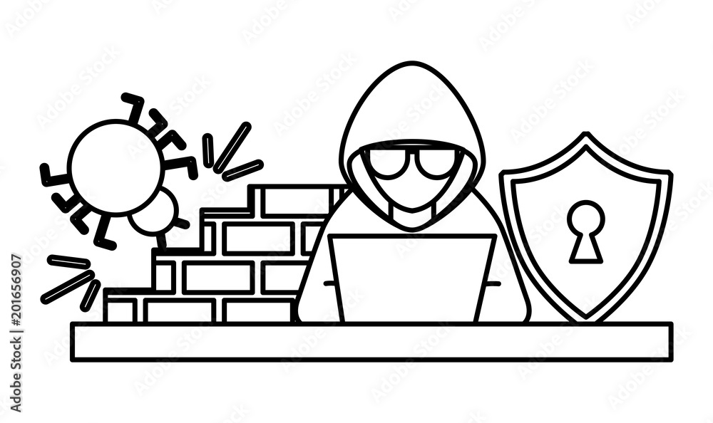 cyber security hacker working laptop bug firewall shield vector  illustration outline Stock Vector | Adobe Stock