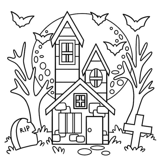 Premium Vector | Haunted house halloween coloring page for kids