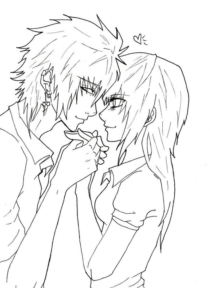 A girl and a guy holding hands Coloring Pages - Anime Couple Coloring Pages  - Coloring Pages For Kids And Adults