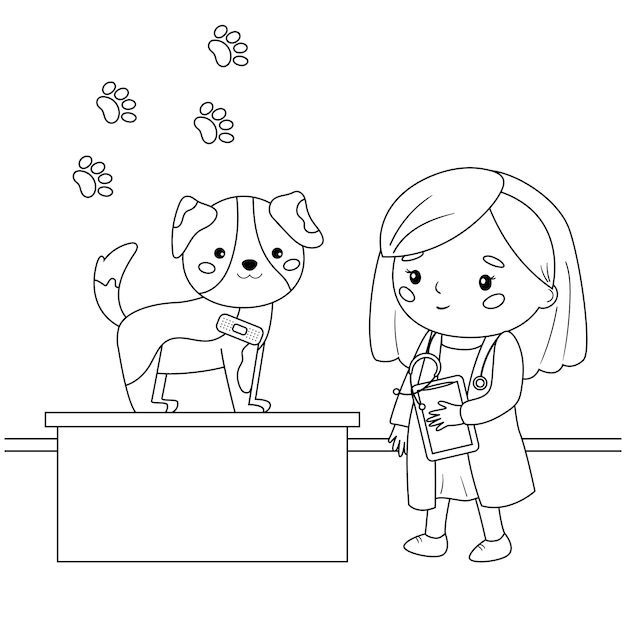 Premium Vector | Cartoon kawaii veterinarian and dog with patch bandage. coloring  page for kids.