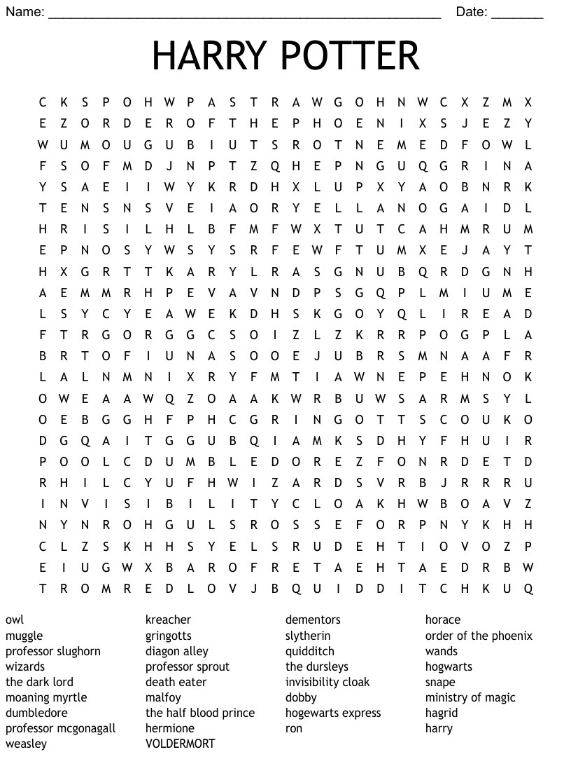 HARRY POTTER Word Search - WordMint