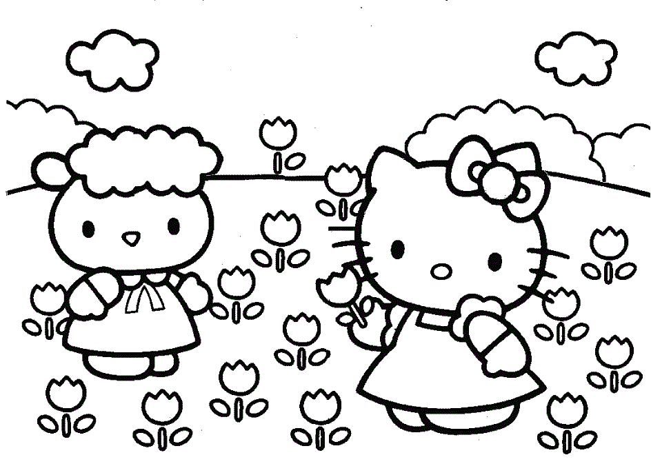 Hello Kitty Planting Flowers Coloring Pages | Coloring