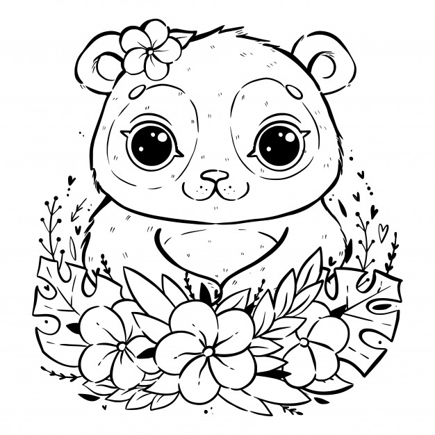Portrait of a cute panda with tropical leaves and flowers, panda ...