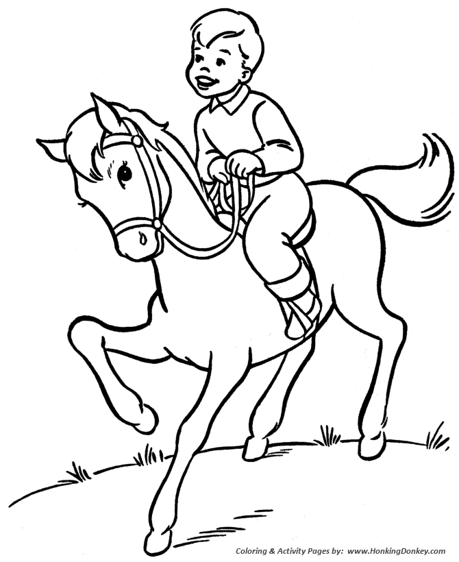 Horse Coloring Pages | Printable boy is riding his horse Coloring Page |  HonkingDonkey
