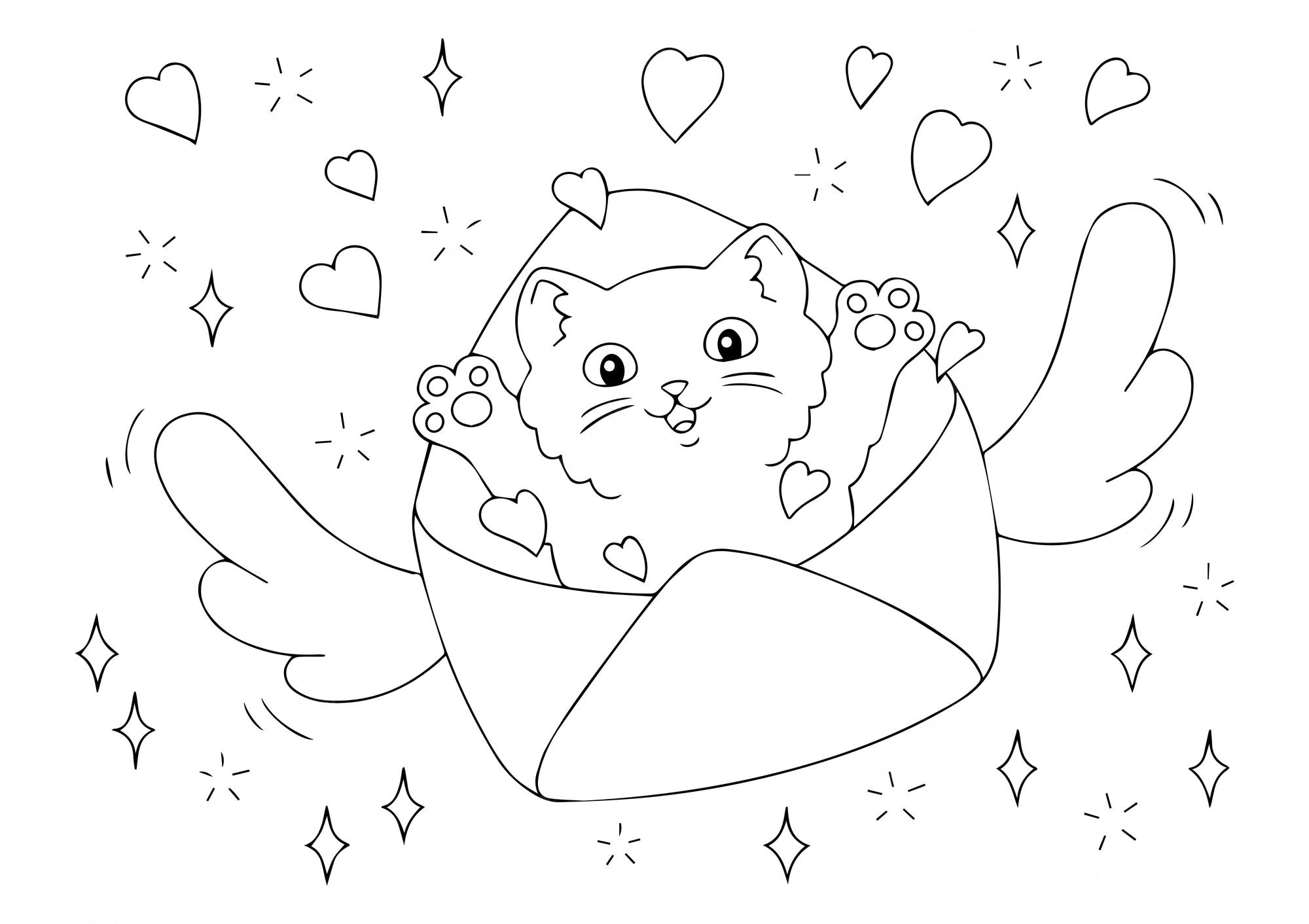 Premium Vector | A cute kitten flies in an envelope with hearts. coloring  book page for kids. valentine's day.