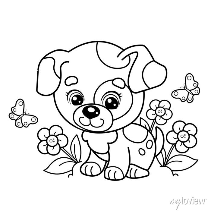 Coloring page outline of cartoon little dog on flower clearing. posters for  the wall • posters kindergarten, education, childish | myloview.com