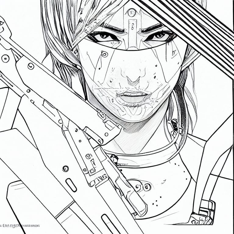 prompthunt: blank coloring book page, edgerunner fixer with gear, cyberpunk  2077, HD, 4k, sketch, manga, high detai, only lines,white