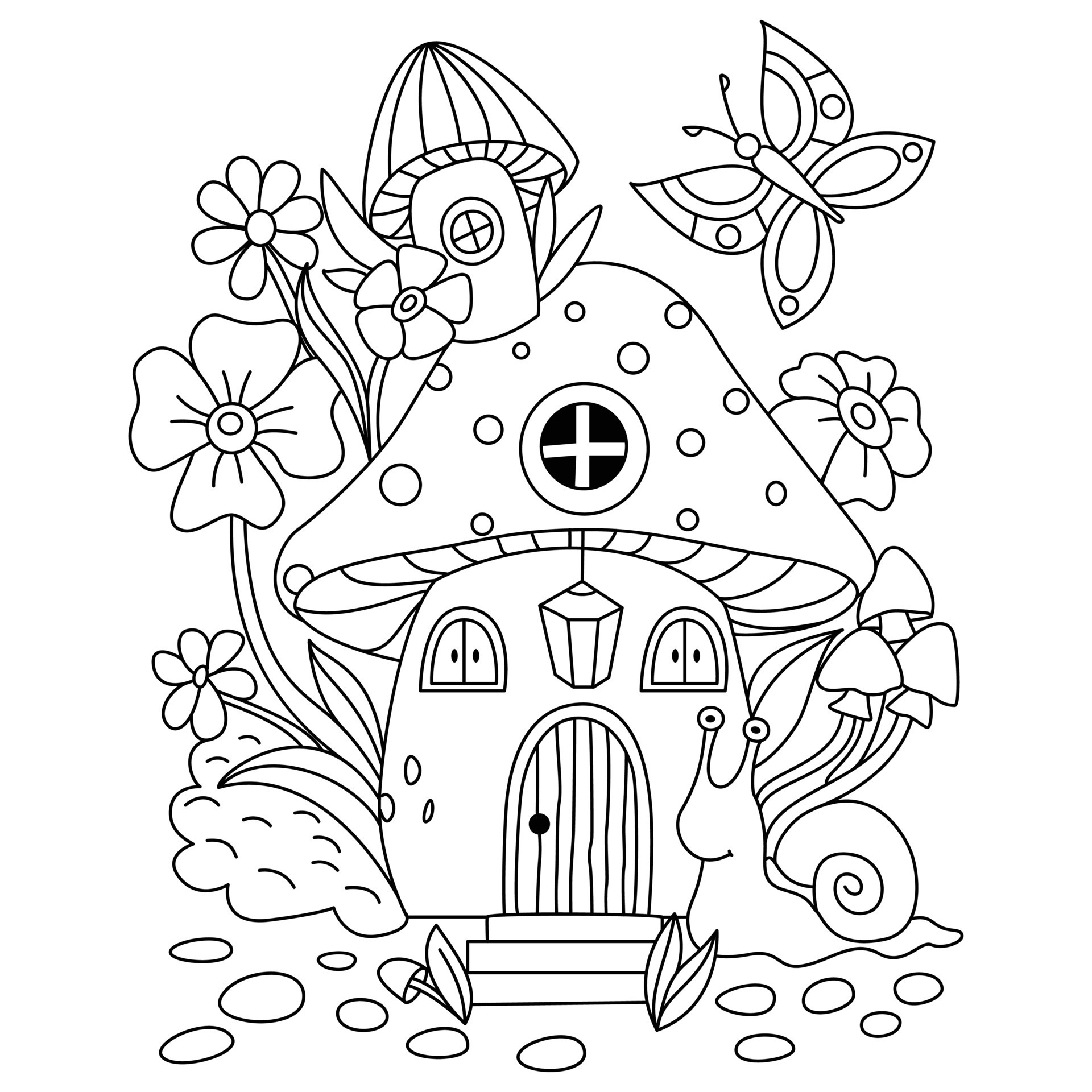 Cute mushroom house with flowers decoration snell and butterfly outline  artwork coloring pages 13267047 Vector Art at Vecteezy
