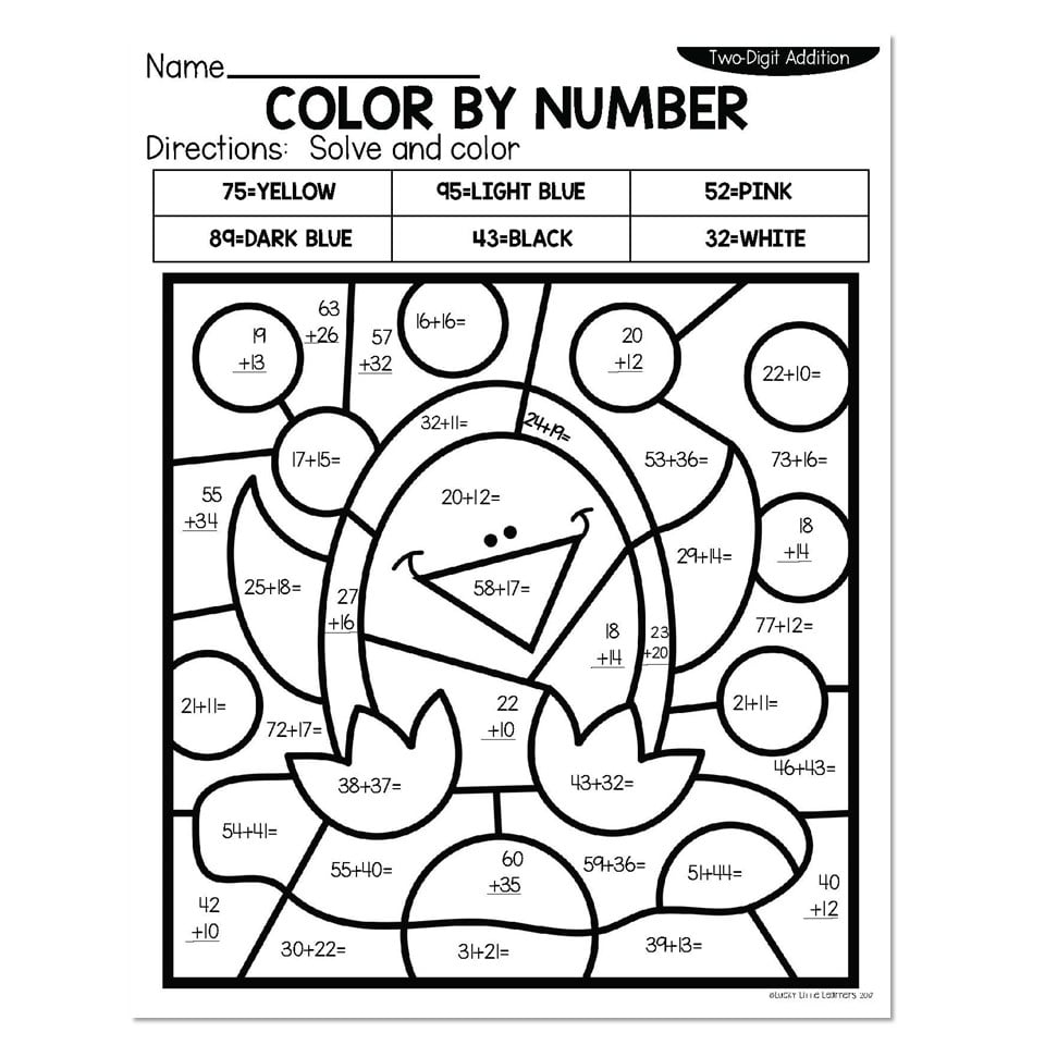 2-Digit Addition Winter Color by Number - Penguin - Lucky Little Learners