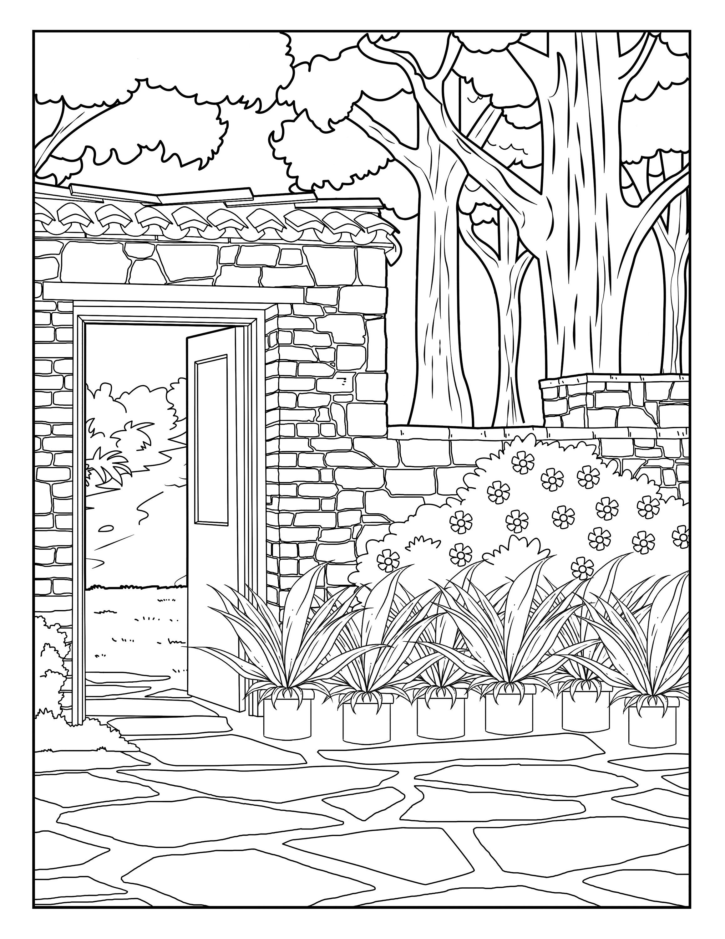 Stone Wall garden Gallery Coloring Pages for Adults 1 - Etsy