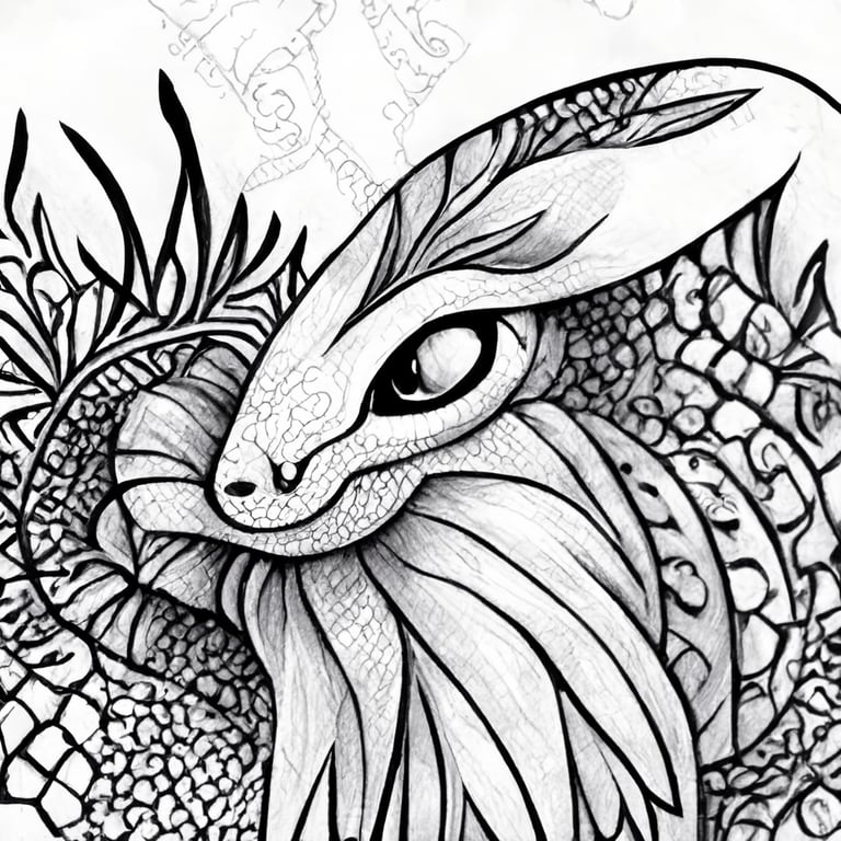 prompthunt: beautiful, high quality coloring page, Grayscale Coloring Page,  Young beautiful fantasy animals, zentangle pattern, Outline drawing,  Outline hand drawing coloring page for adult coloring book,white background