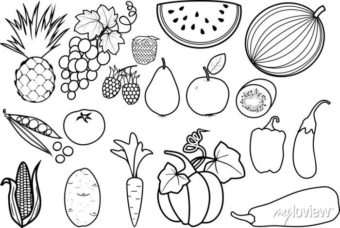 Coloring page. big set of different fruits and vegetables • wall stickers  outline, contour, colouring | myloview.com