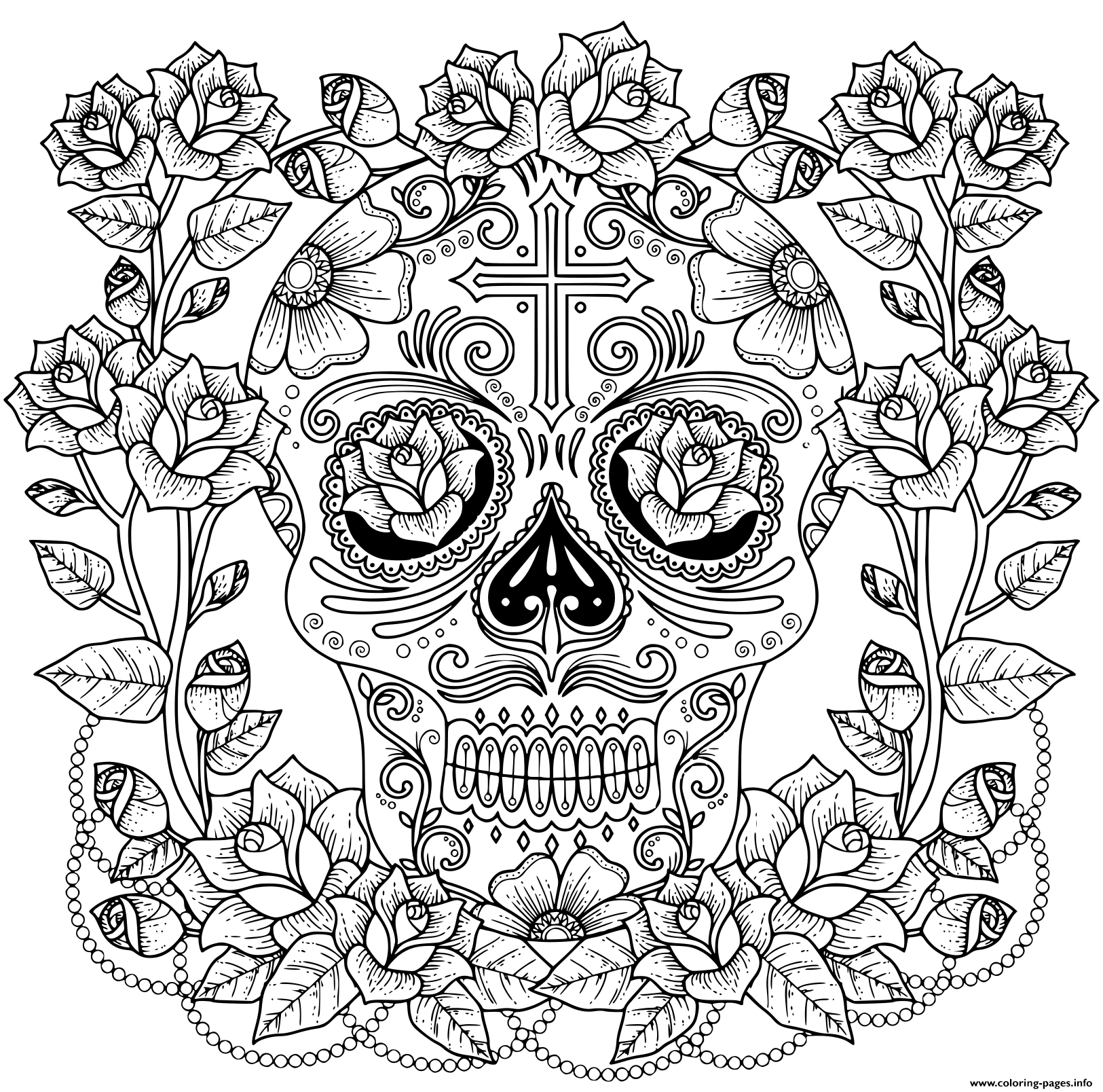 Fantastic Magnificent Skull Of Roses And Cross Model Anti Stress Coloring  Pages Printable