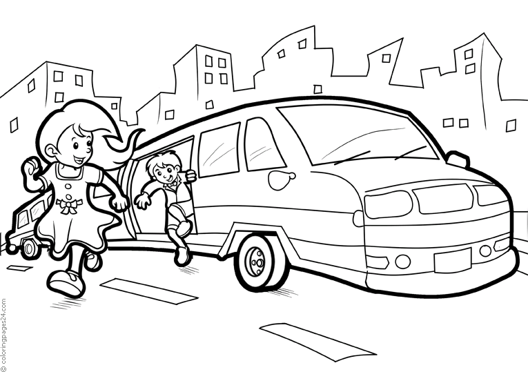 Boy and girl jumping out of a limousine | Coloring Pages 24