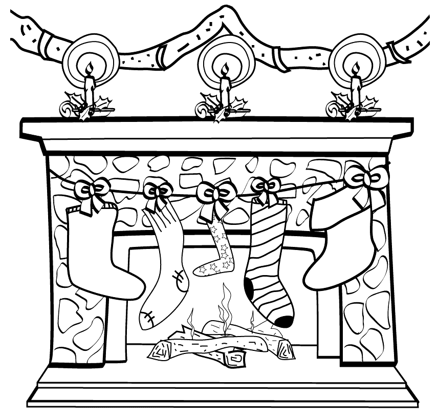 Coloring page - Christmas stockings on the fireplace