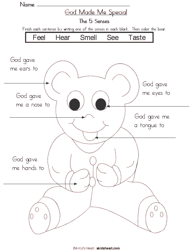 Religious 5 senses work sheet for kids coloring page