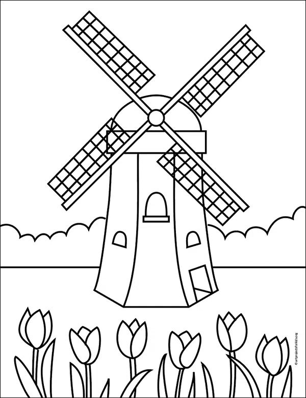 Coloring pages, Windmill drawing, Windmill
