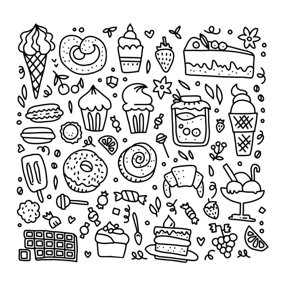 Vector illustration of sweeties in outlines. Cake, macaroons, croissant,  donuts, ice cream. Tasty illustration. Coloring page. Illustration for coloring  book. 5991357 Vector Art at Vecteezy