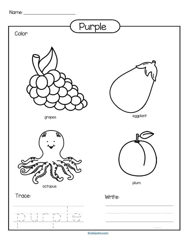 Color purple printable - color, trace and write. | Color worksheets, Color  worksheets for preschool, Preschool coloring pages