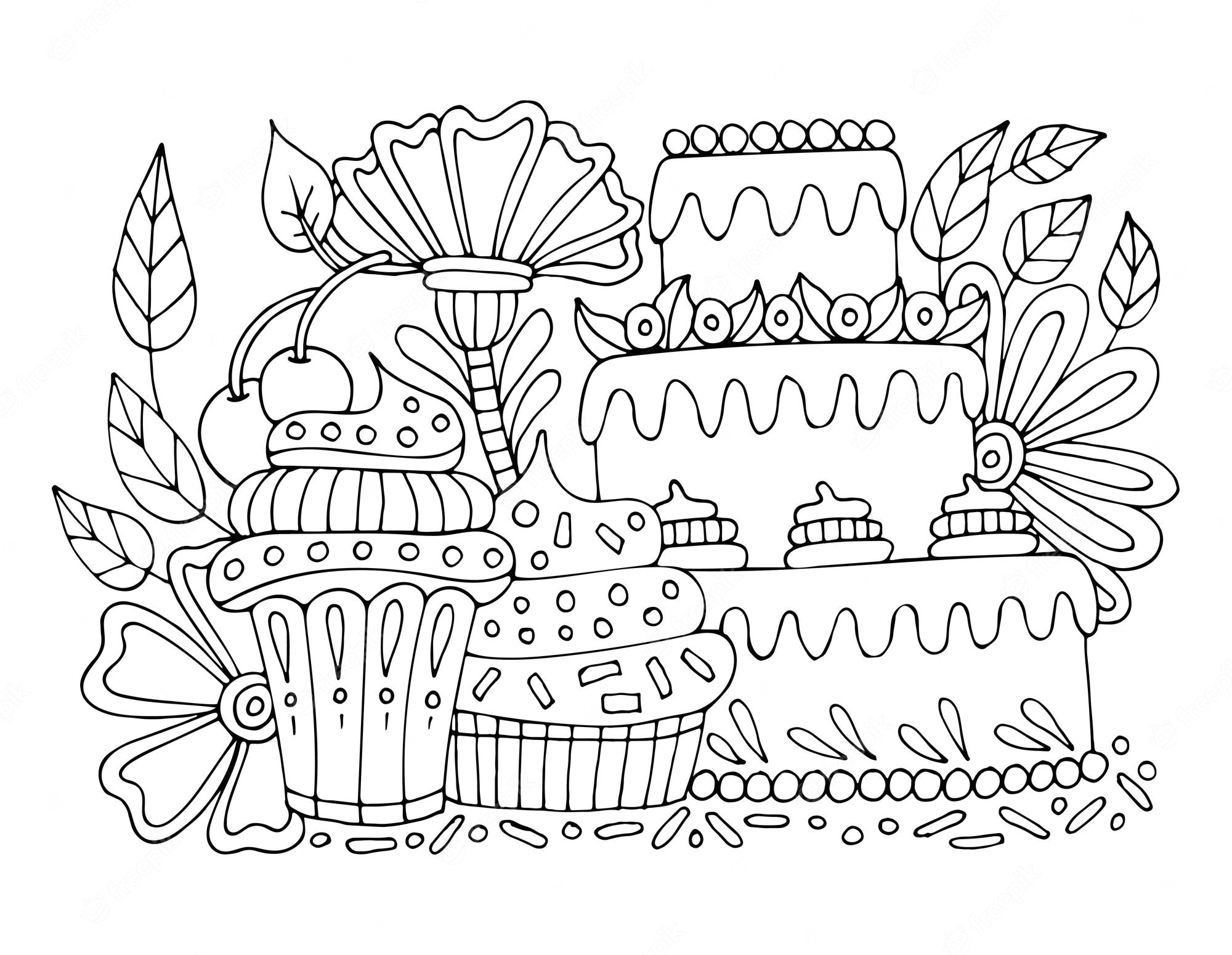 Premium Vector | Cupcake coloring page sweet cake with cream festive  dessert floral pattern hand drawn vector line drawing coloring book for  children and adults black and white sketch