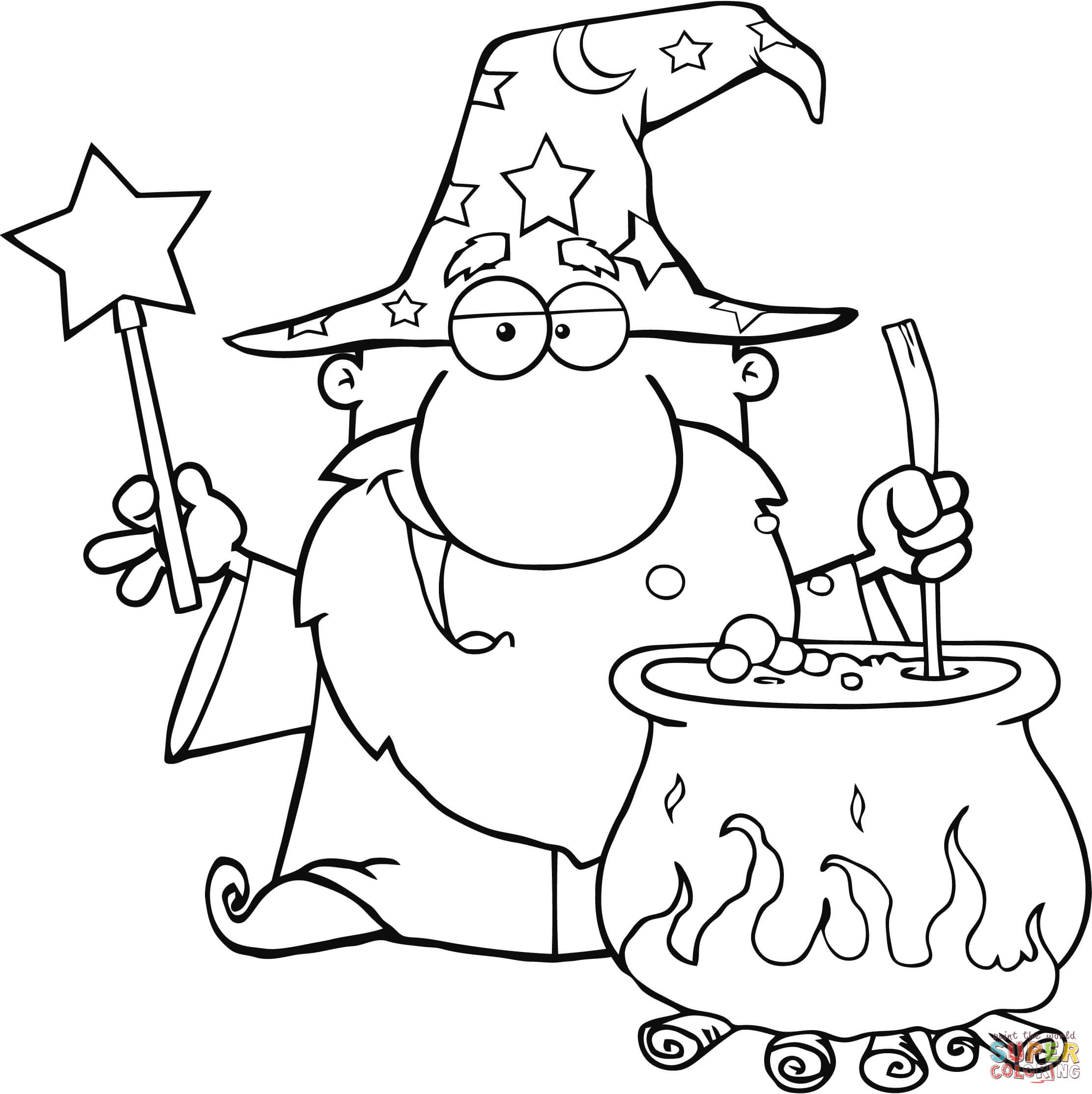 Wizard Waving with Magic Wand and Preparing a Potion coloring page | Free  Printable Coloring Pages