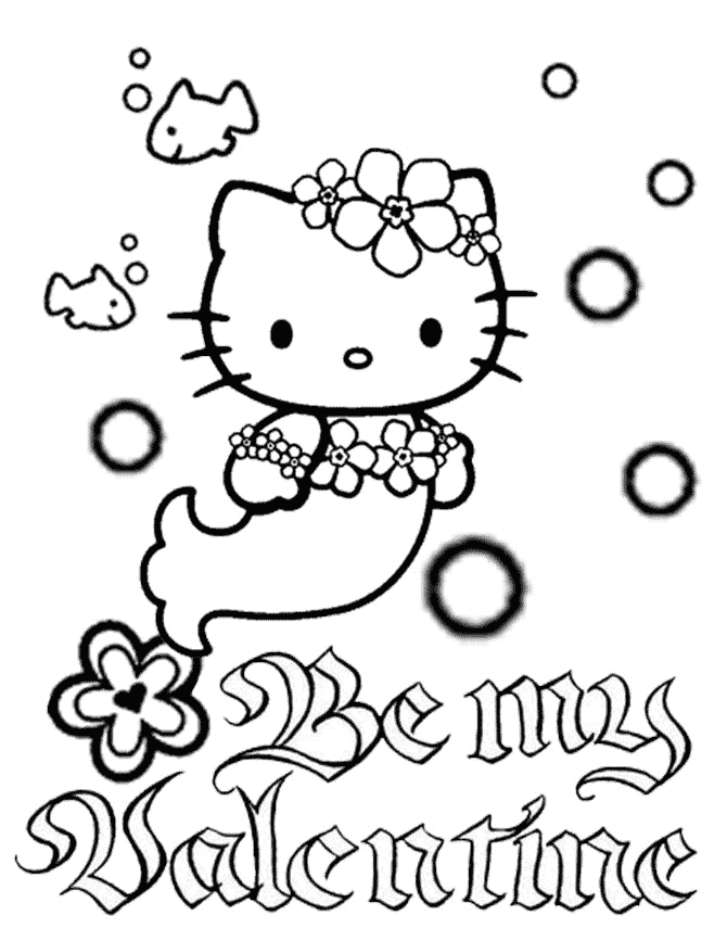 Hello Kitty Mermaid Bubbles And Flower Valentines Coloring Page ...