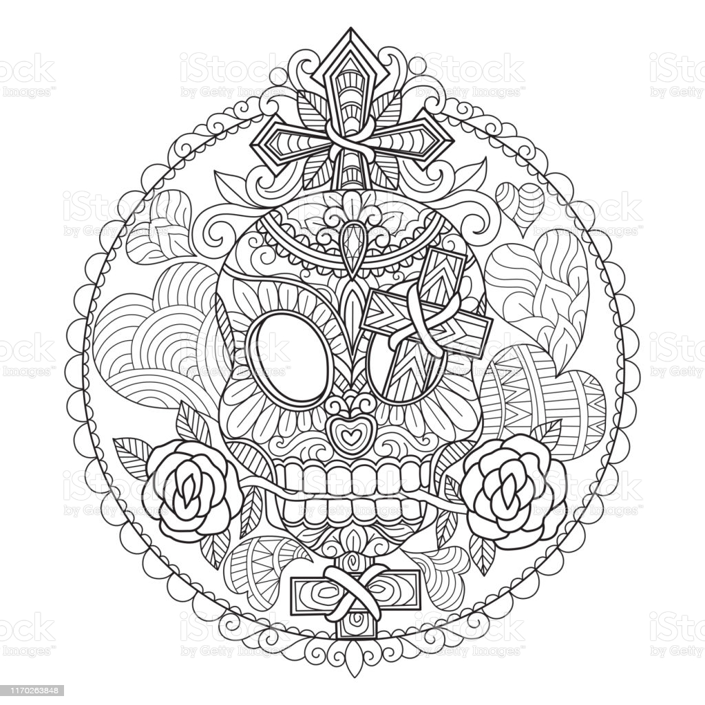Zen Doodle Skull And Roses Tangles Adult Coloring Page Illustration  Zentangle Style Stock Illustration - Download Image Now - iStock