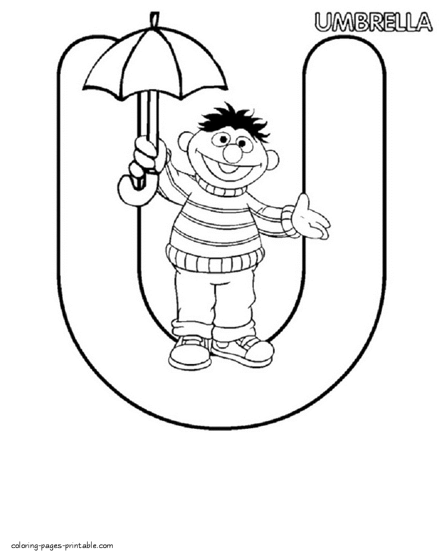 Ernie with umbrella. The lettre U coloring sheet || COLORING-PAGES -PRINTABLE.COM