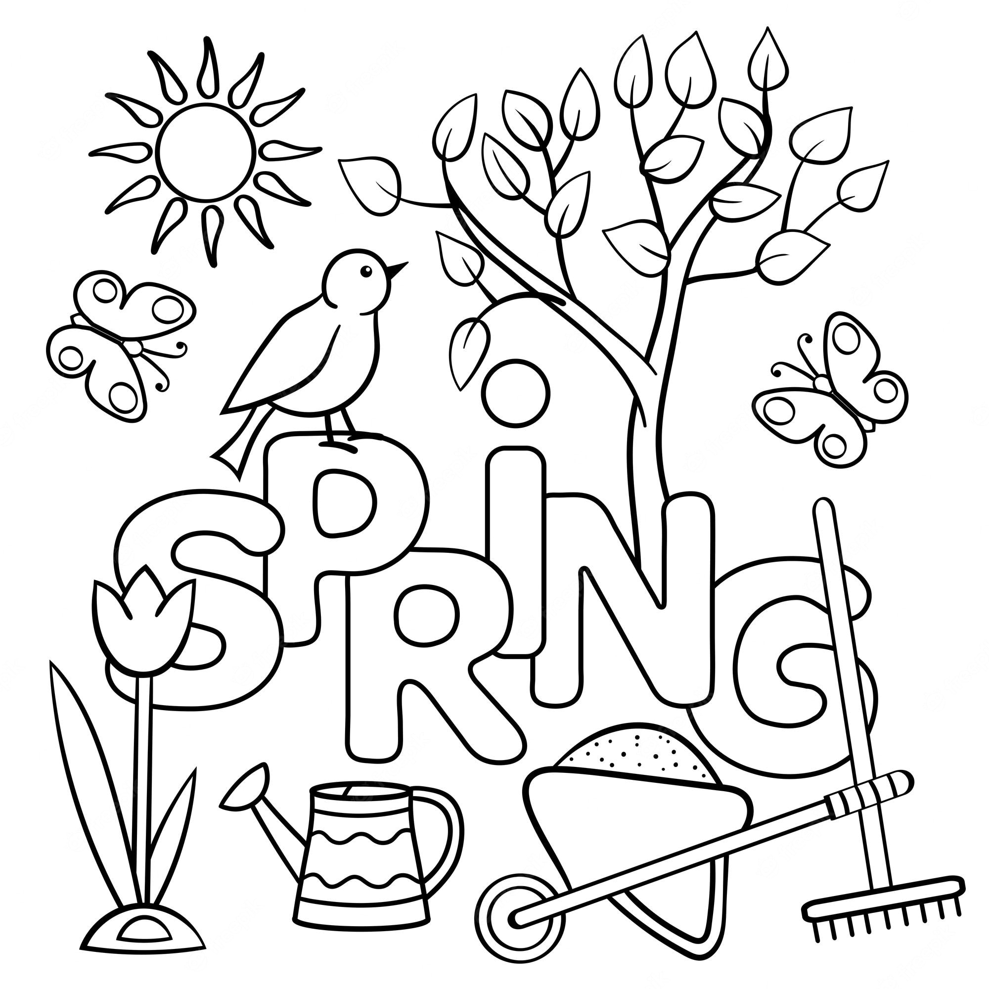 Premium Vector | Coloring page with the word spring