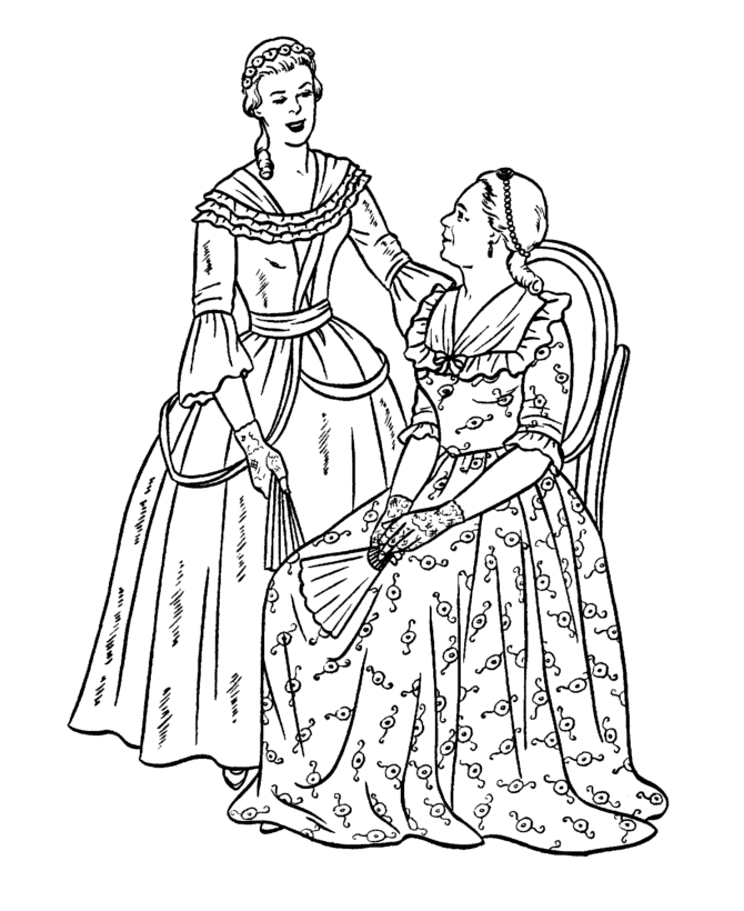 USA-Printables: Early American Society Coloring Pages - Colonial Ladies -  Early America tradition and culture coloring pages