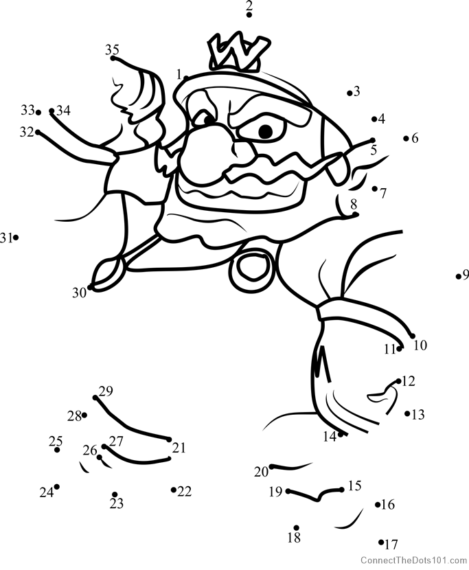 Wario from Super Mario dot to dot printable worksheet - Connect The Dots