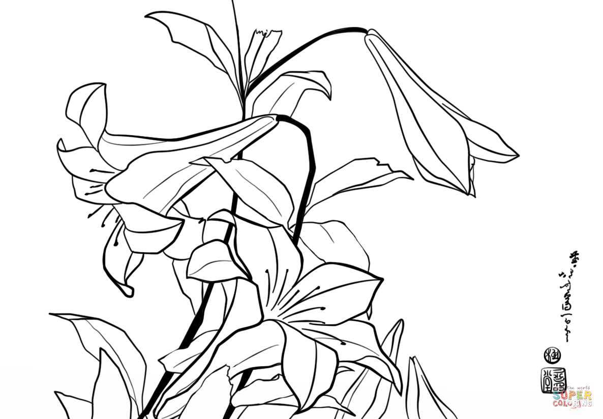 Lilies by Katsushika Hokusai coloring page | Free Printable Coloring Pages
