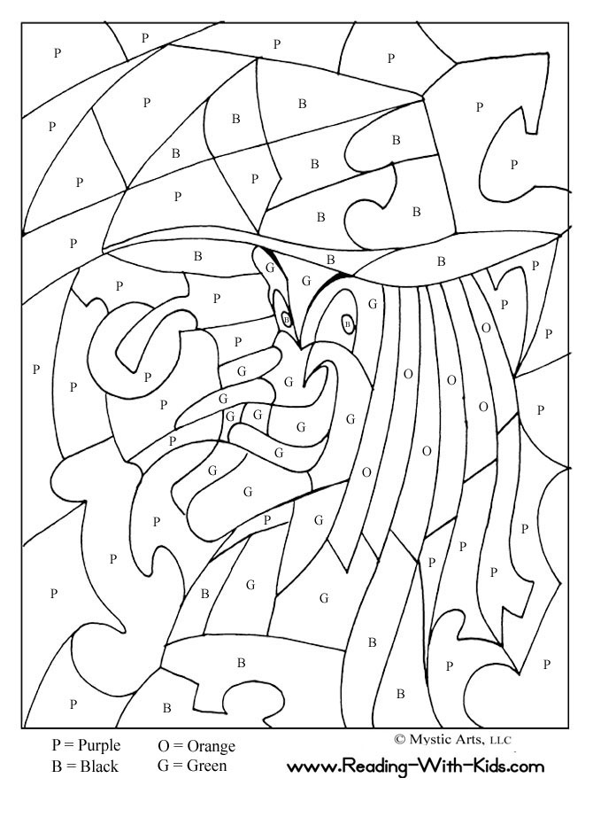 Halloween color by letter witch coloring page