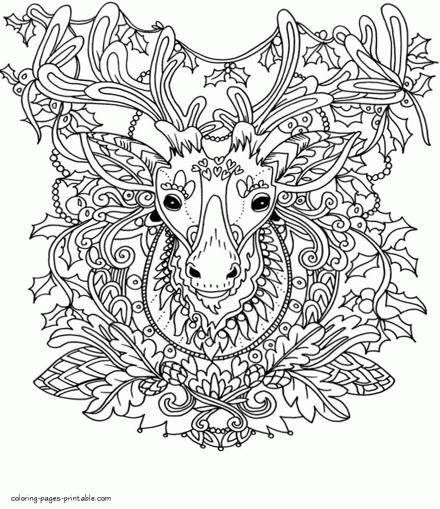 Reindeer Adult Coloring Christmas Pages || COLORING-PAGES-PRINTABLE.COM