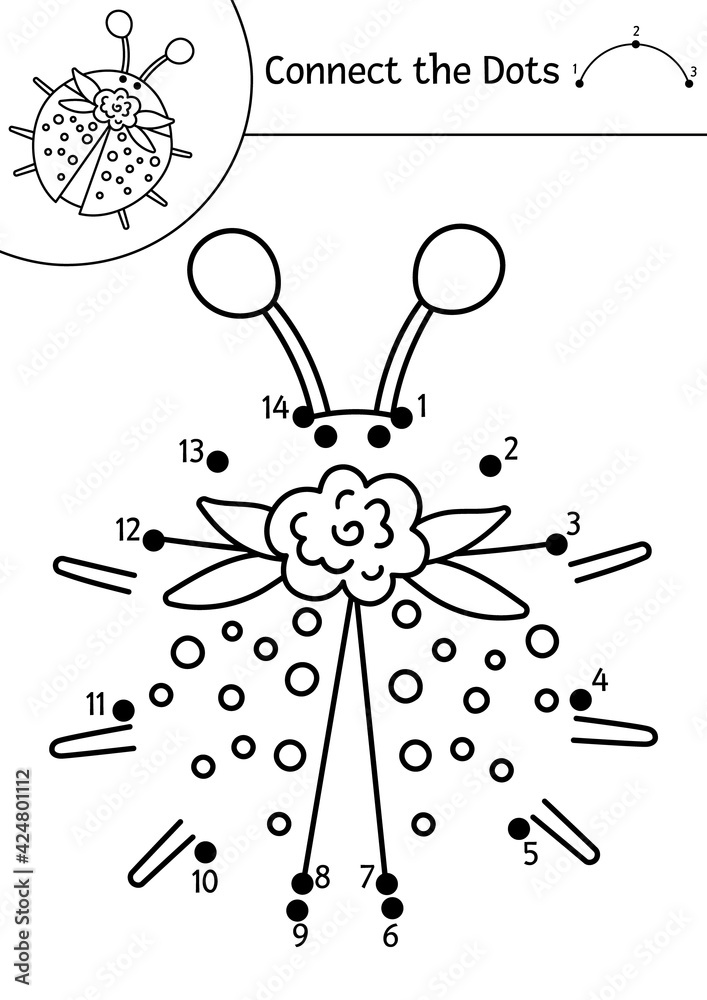 Vector dot-to-dot and color activity with cute ladybird. Spring holiday  connect the dots game for children with funny forest insect. Woodland coloring  page for kids with ladybug. . Stock Vector | Adobe