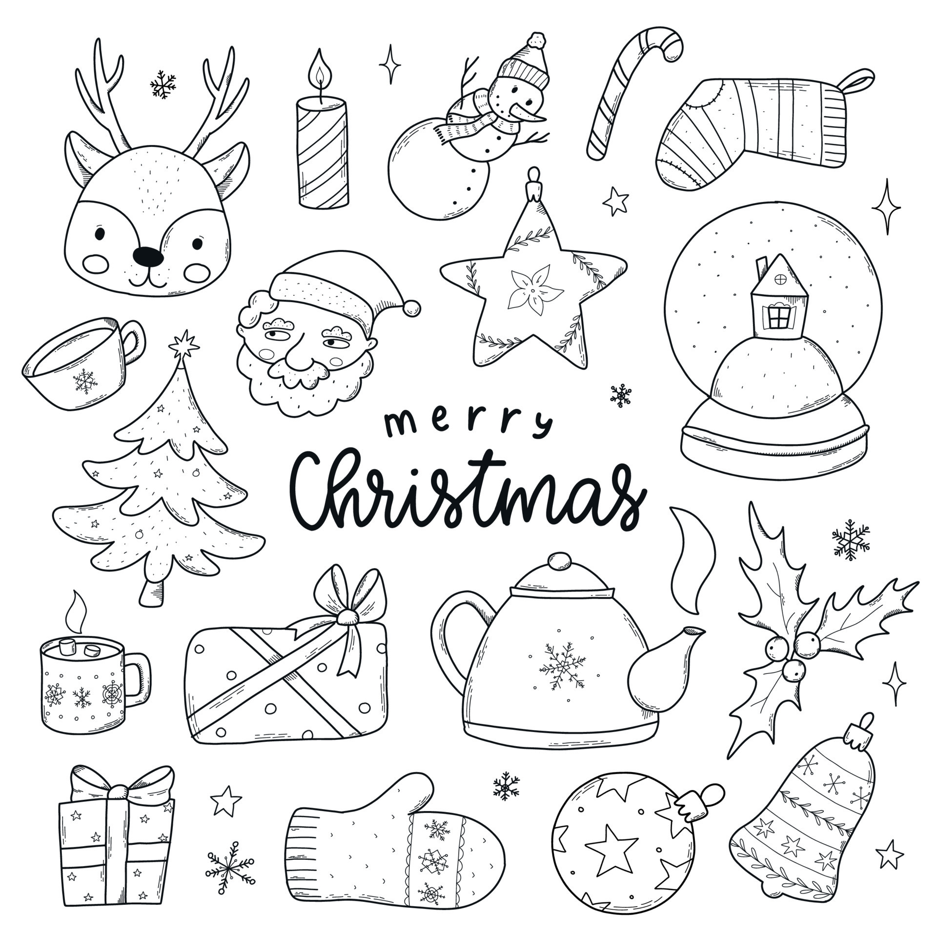 set of hand drawn monochrome Christmas doodles isolated on white background  for coloring pages, prints, cards, labels, stickers, tags, icons, etc. EPS  10 10468350 Vector Art at Vecteezy