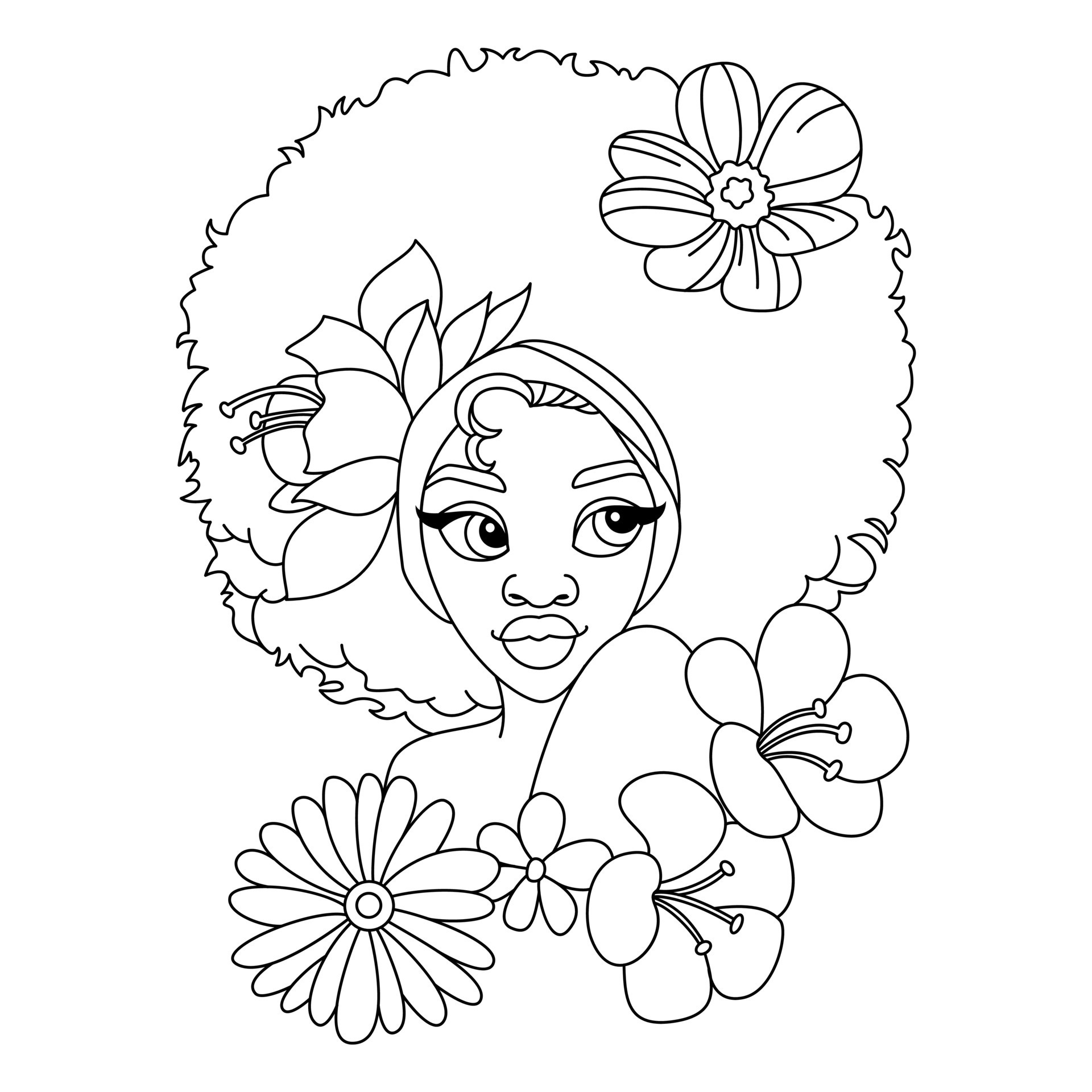 A beautiful black African girl with braids puffs hairstyle with some  flowers coloring page outline illustration 12186556 Vector Art at Vecteezy