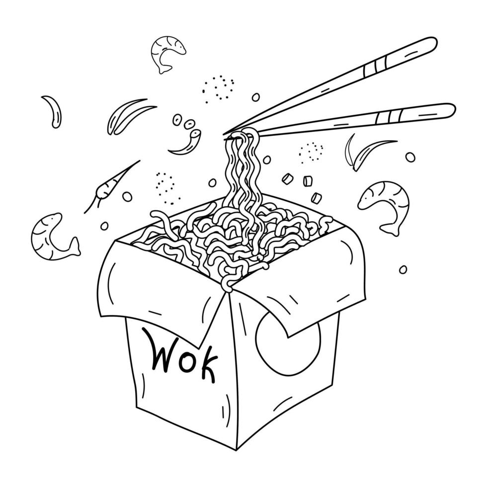 Coloring page. Asian food. Box with noodles. Chinese chopsticks raise  noodles. Vector illustration. 15312577 Vector Art at Vecteezy