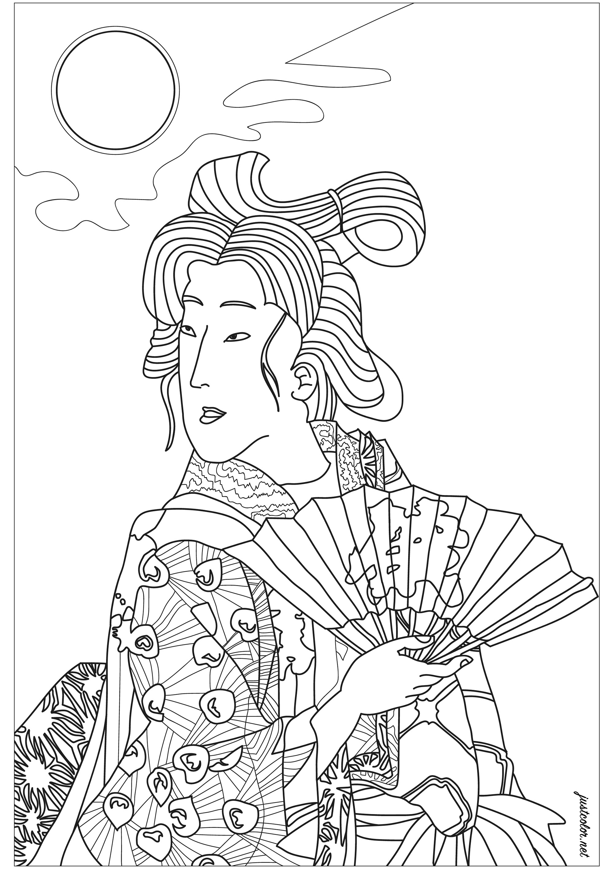 Geisha with fan - Japan Adult Coloring Pages