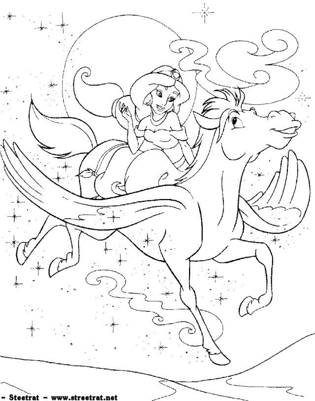 Princess Jasmin And Pegasus Flying Horse Coloring Page