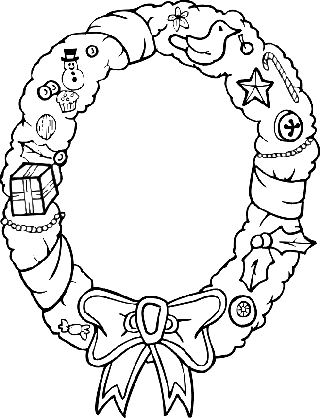 xmas wreath coloring page with decorations