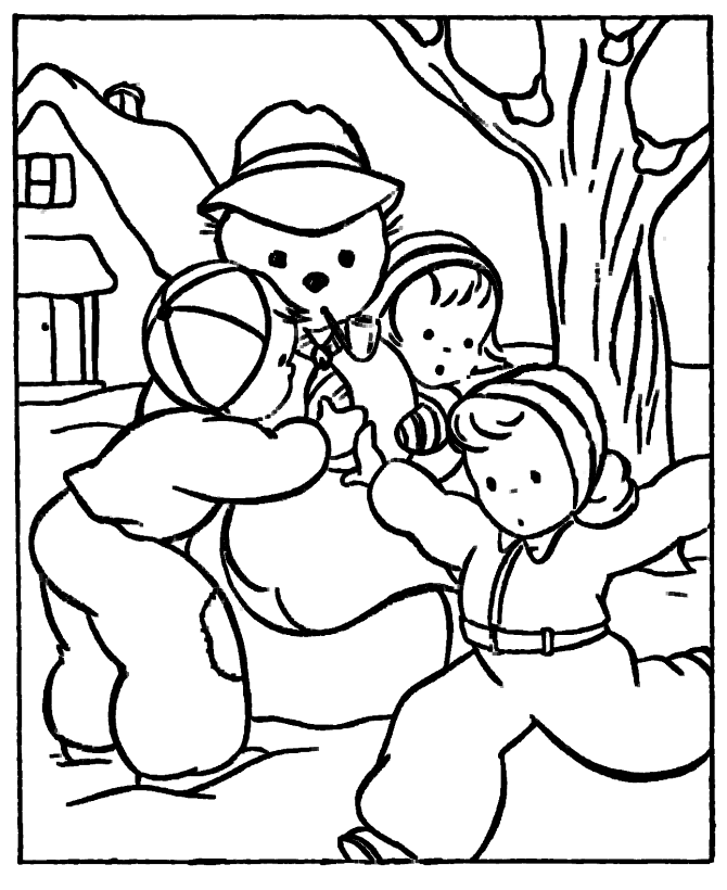 Winter Coloring - Kids Building Smowman Coloring Page Sheets of 
