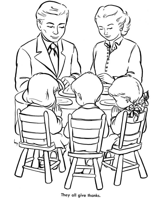 Thanksgiving Dinner Coloring Page Sheets - Family praying over 