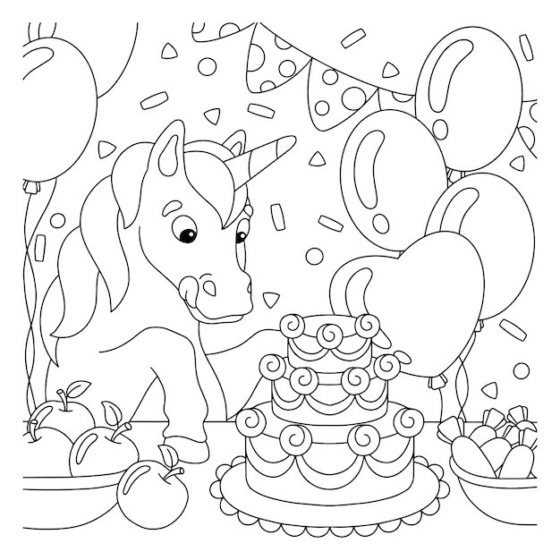 Premium Vector | Coloring book page for kids. the unicorn at the birthday  party looks at the cake.