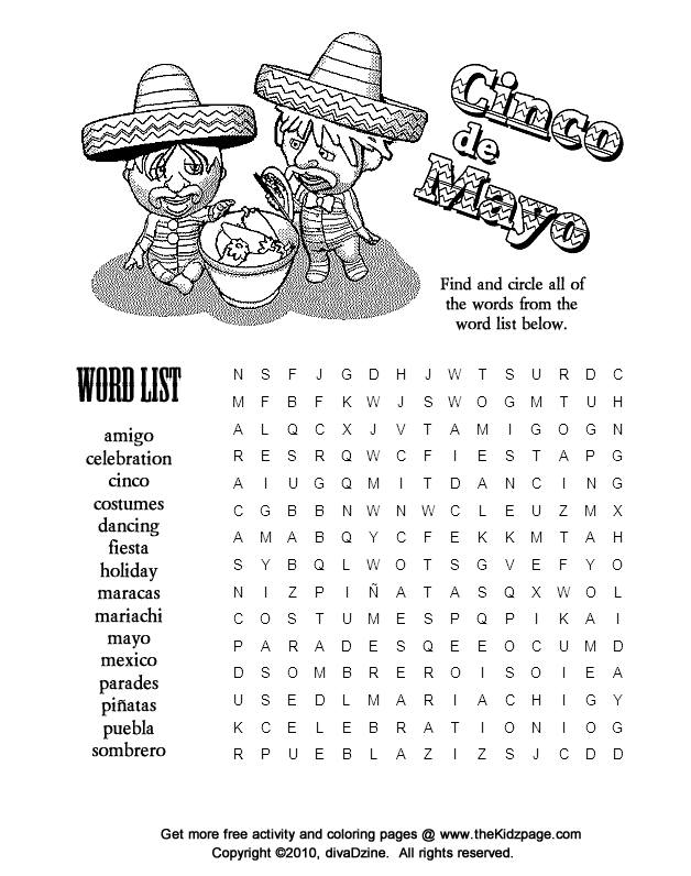 Cinco de Mayo Word Search Puzzle - Free Coloring Pages for Kids ...