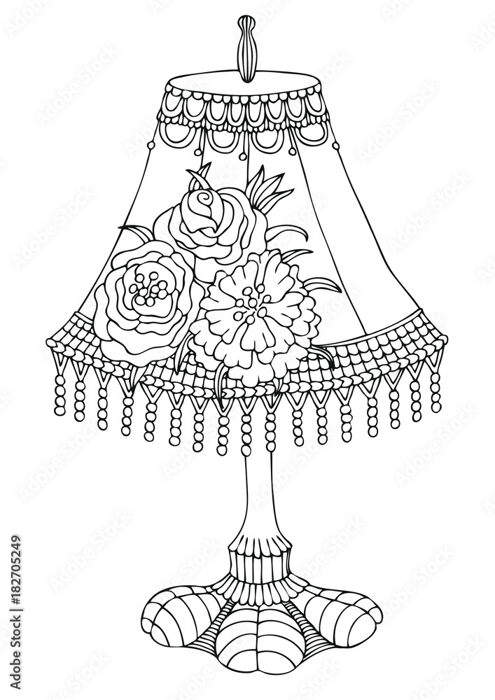 Shabby chic lamp. Hand drawn picture. Sketch for anti-stress adult coloring  book in zentangle style. Vector illustration for coloring page, isolated on  white background. Template for poster. Stock Vector | Adobe Stock