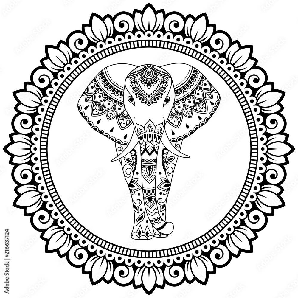 African elephant in mandala decorated with Indian ethnic floral vintage  pattern. Hand drawn decorative animal in doodle style. Stylized mehndi  ornament for tattoo, print, cover and coloring page. Stock Vector | Adobe