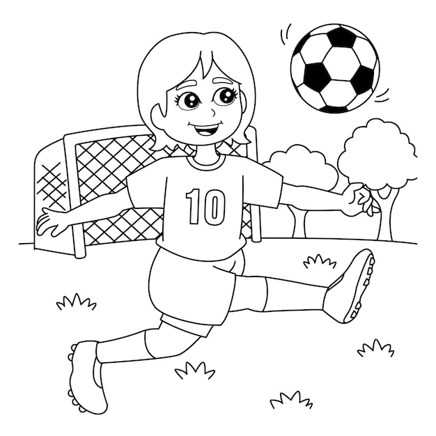 Girl playing soccer coloring page for kids